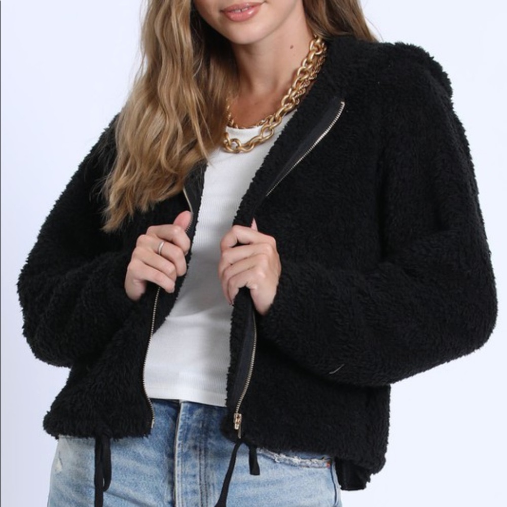Black Fuzzy Hood Zip Jacket